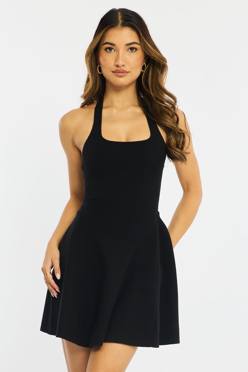 Black Halter Neck Knit Dress for Ally Fashion