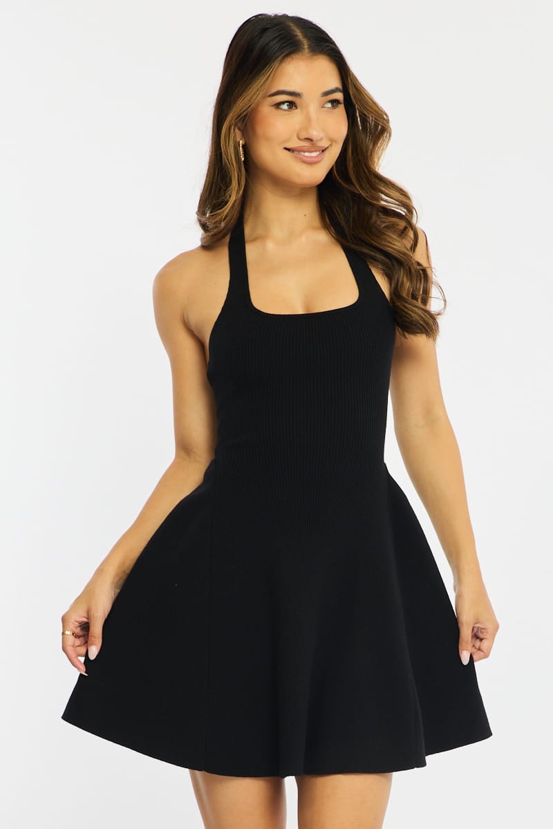 Black Halter Neck Knit Dress for Ally Fashion
