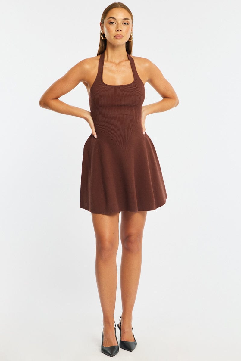 Brown Halter Neck Knit Dress for Ally Fashion