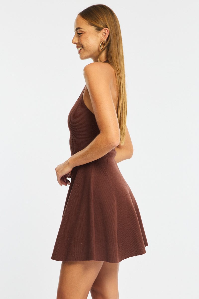 Brown Halter Neck Knit Dress | Ally Fashion Brown Halter Neck Knit Dress | Ally Fashion
