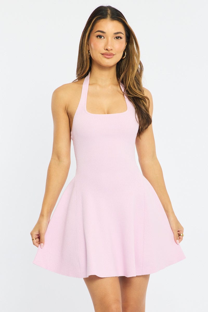 Pink Halter Neck Knit Dress for Ally Fashion