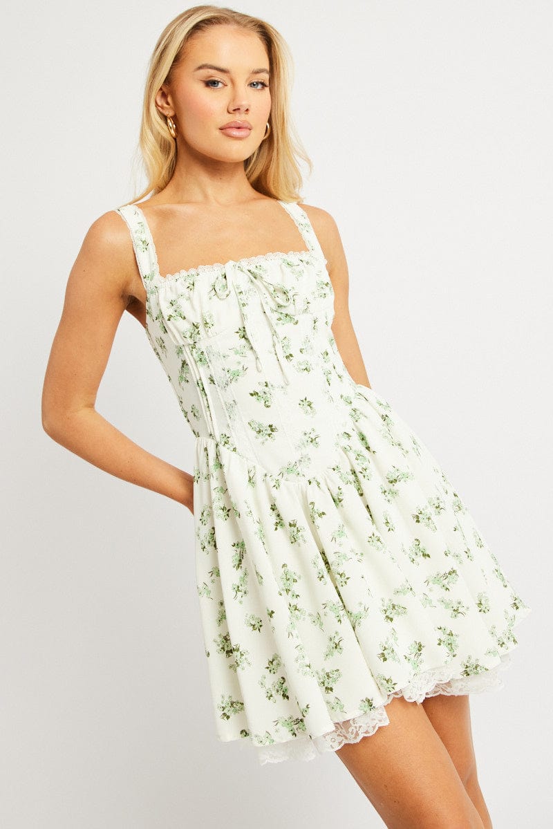 Green Floral Fit And Flare Dress Corset Detail Mini for Ally Fashion