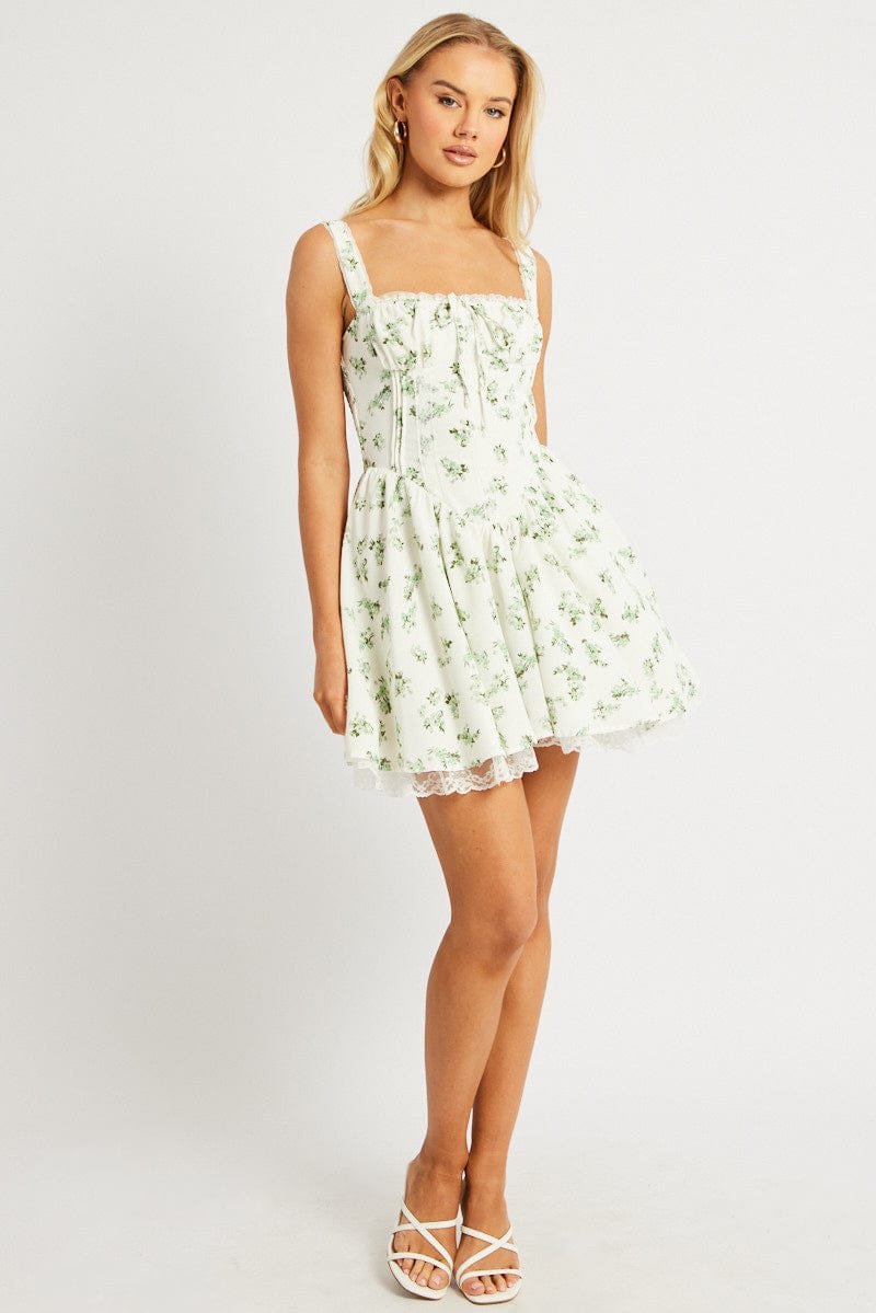 Green Floral Fit And Flare Dress Corset Detail Mini for Ally Fashion