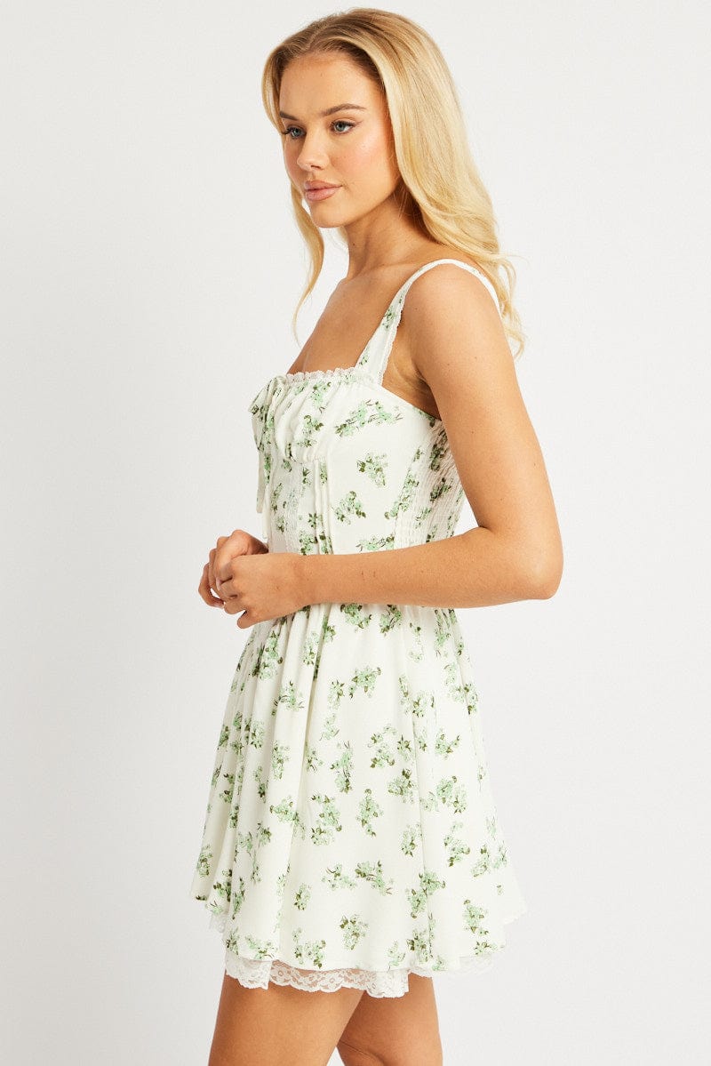 Green Floral Fit And Flare Dress Corset Detail Mini for Ally Fashion