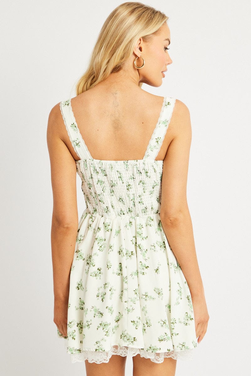 Green Floral Fit And Flare Dress Corset Detail Mini for Ally Fashion