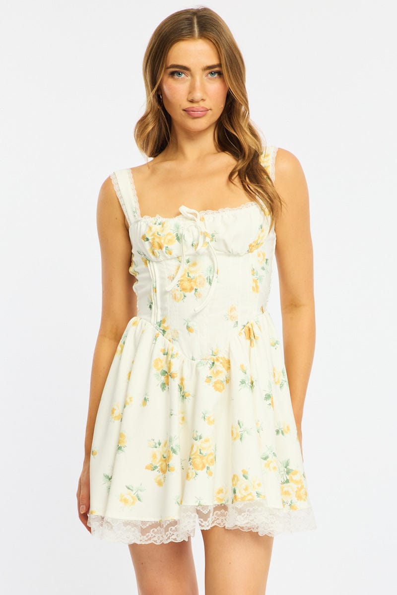 Yellow Floral Fit And Flare Dress Corset Detail Mini for Ally Fashion