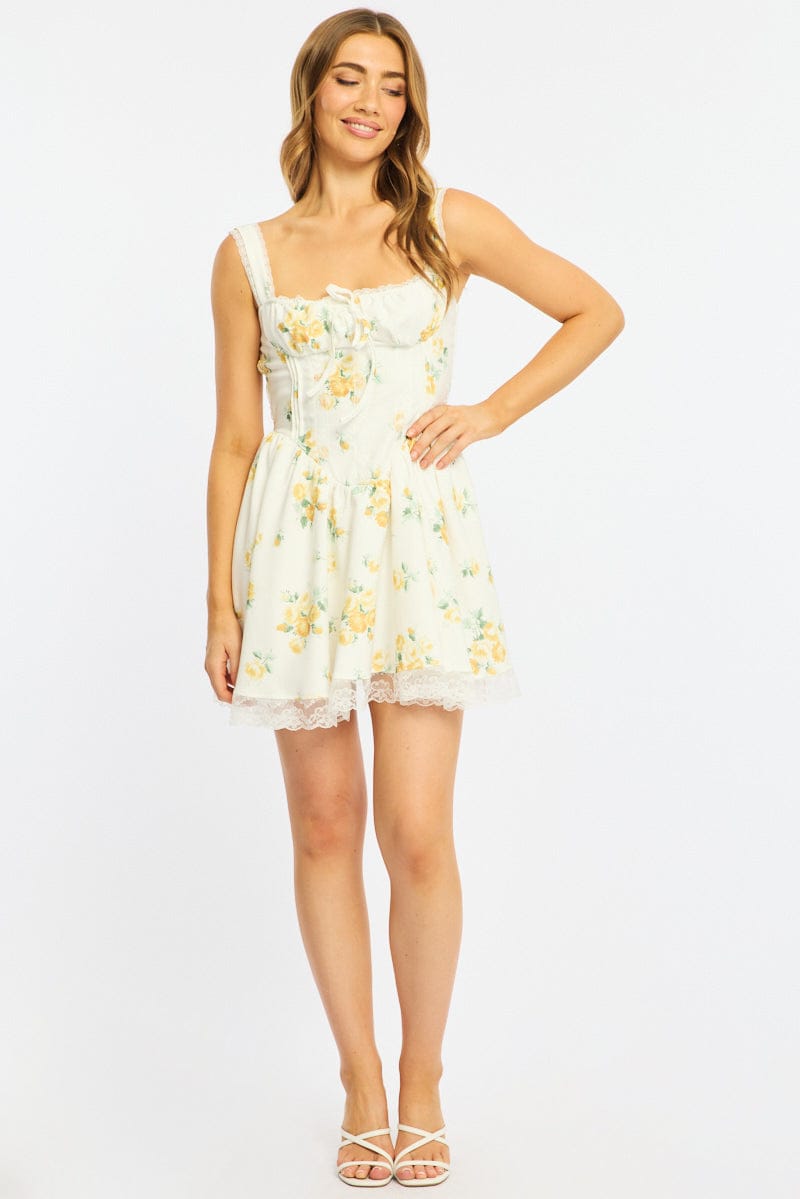 Yellow Floral Fit And Flare Dress Corset Detail Mini for Ally Fashion