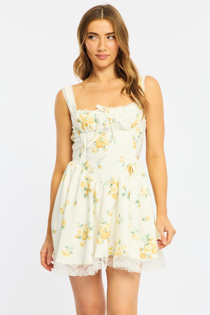 Yellow Floral Fit And Flare Dress Corset Detail Mini for Ally Fashion