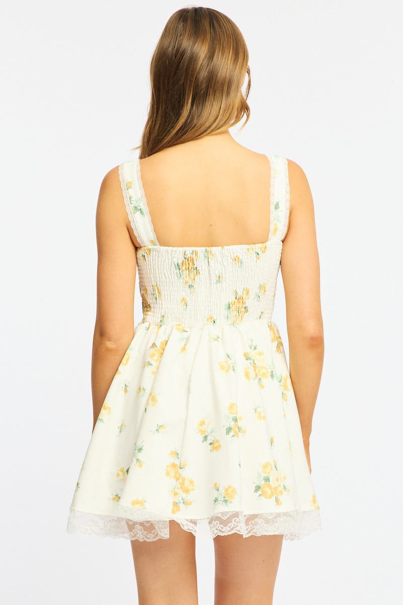 Yellow Floral Fit And Flare Dress Corset Detail Mini for Ally Fashion