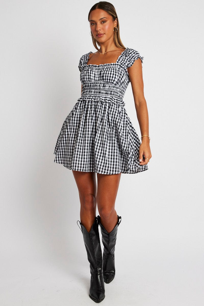 Black Check Fit And Flare Dress Sleeveless for Ally Fashion