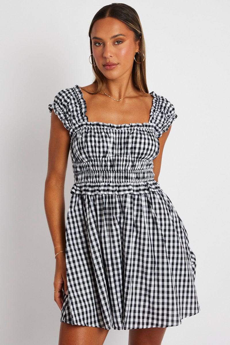 Black Check Fit And Flare Dress Sleeveless for Ally Fashion