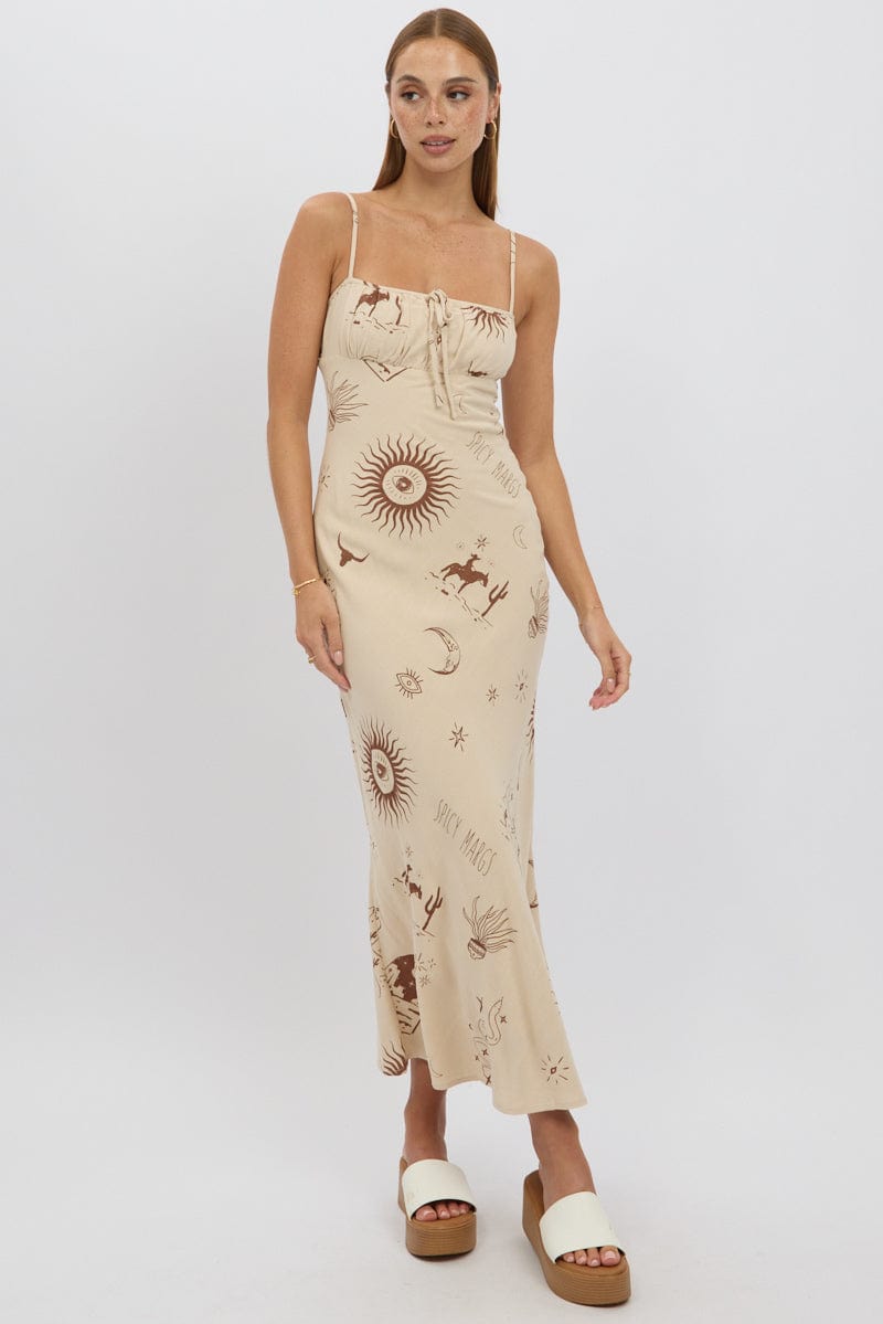 Beige Abstract Midi Dress Strappy for Ally Fashion