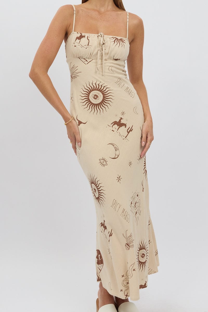 Beige Abstract Midi Dress Strappy for Ally Fashion