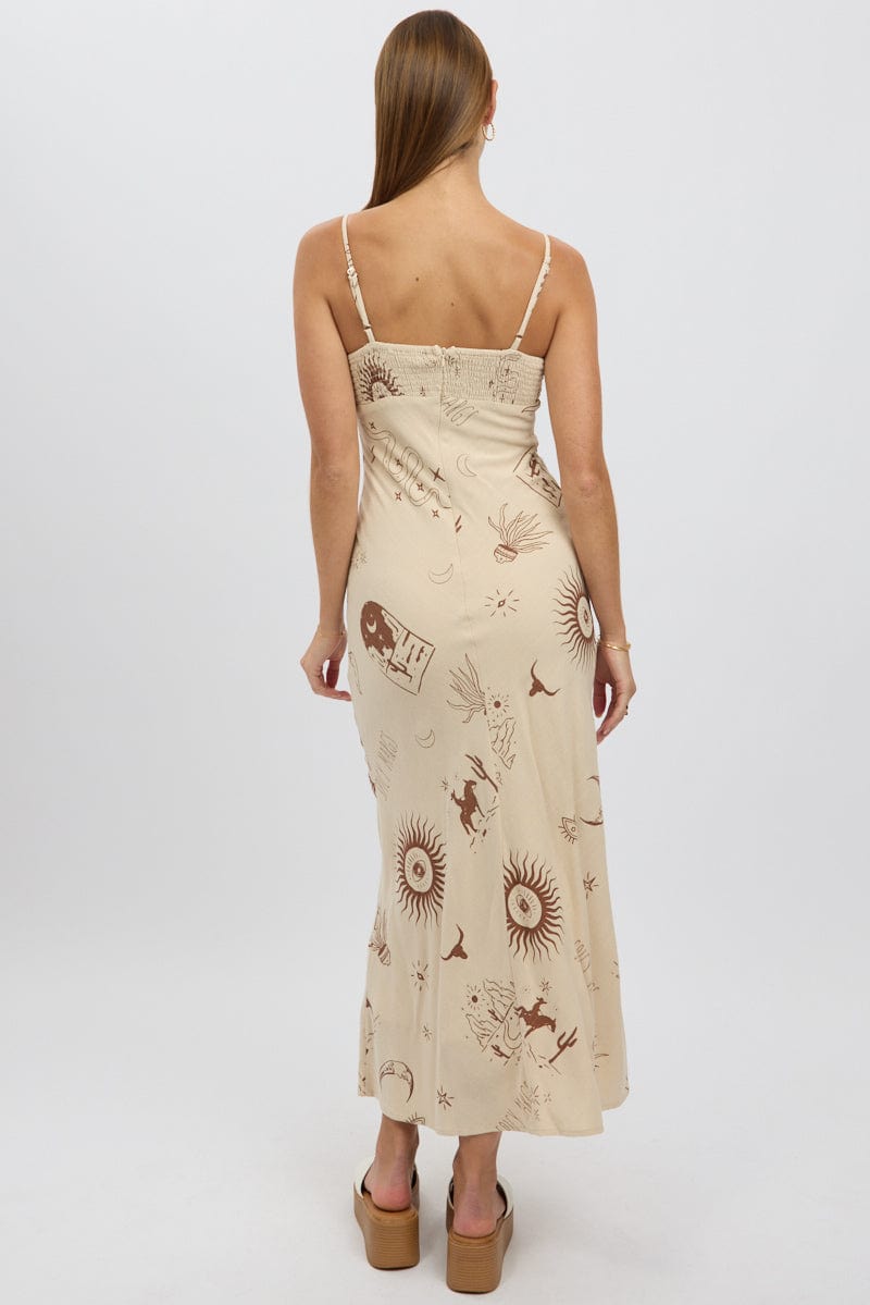 Beige Abstract Midi Dress Strappy for Ally Fashion