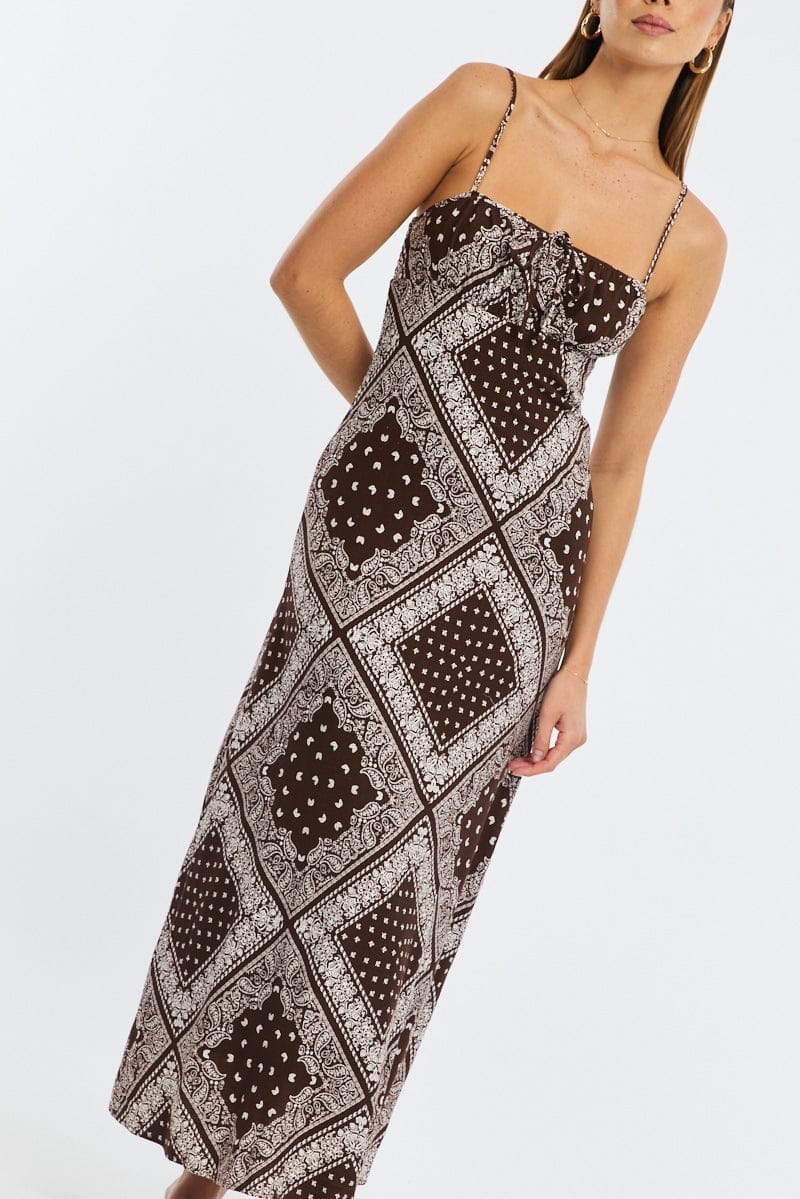 Brown Boho Midi Dress Strappy for Ally Fashion