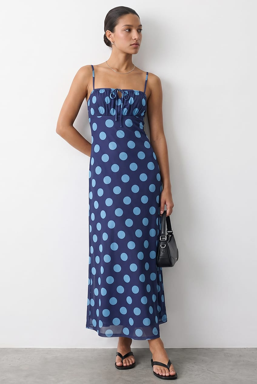 Blue Polka Dot Midi Dress Strappy for Ally Fashion