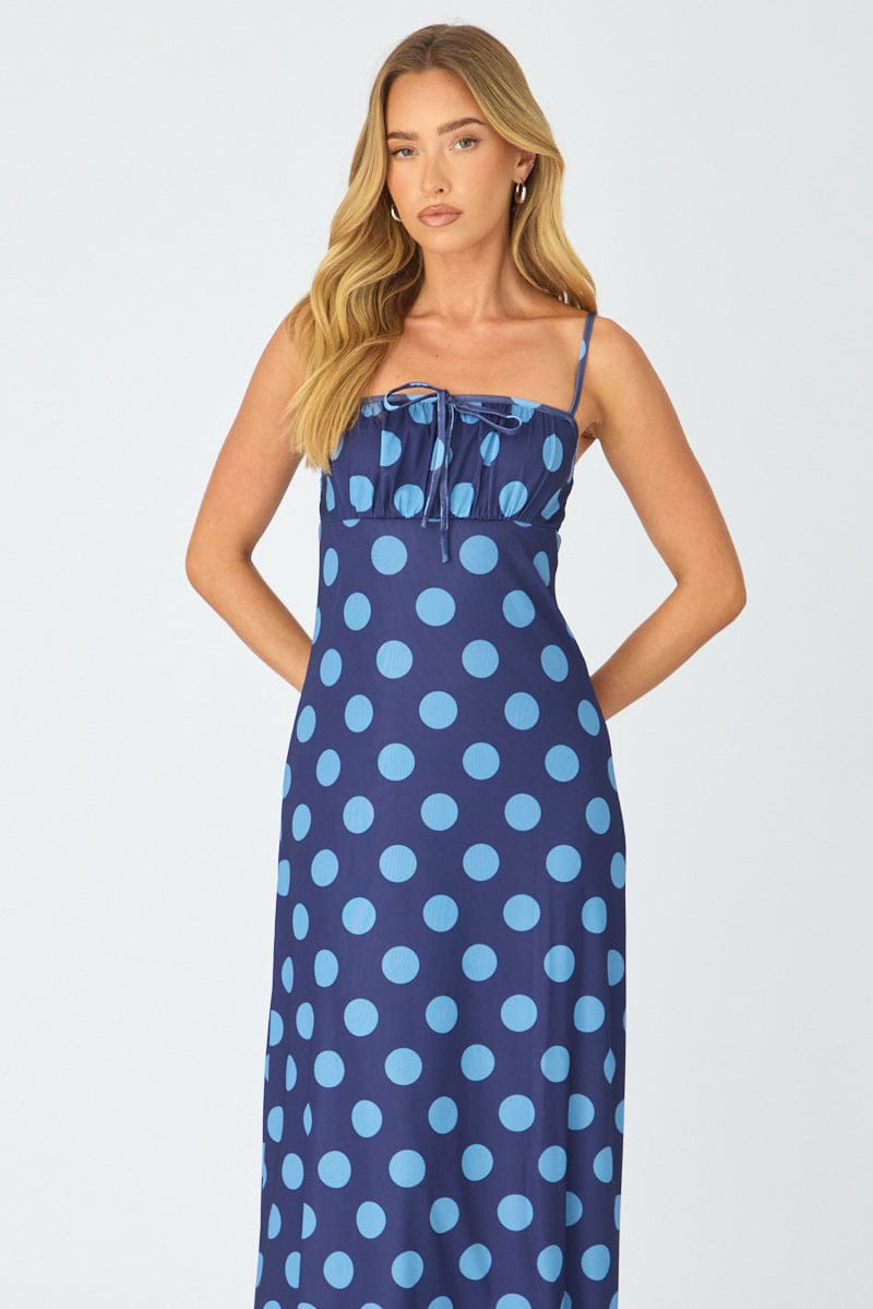 Blue Polka Dot Midi Dress Strappy for Ally Fashion