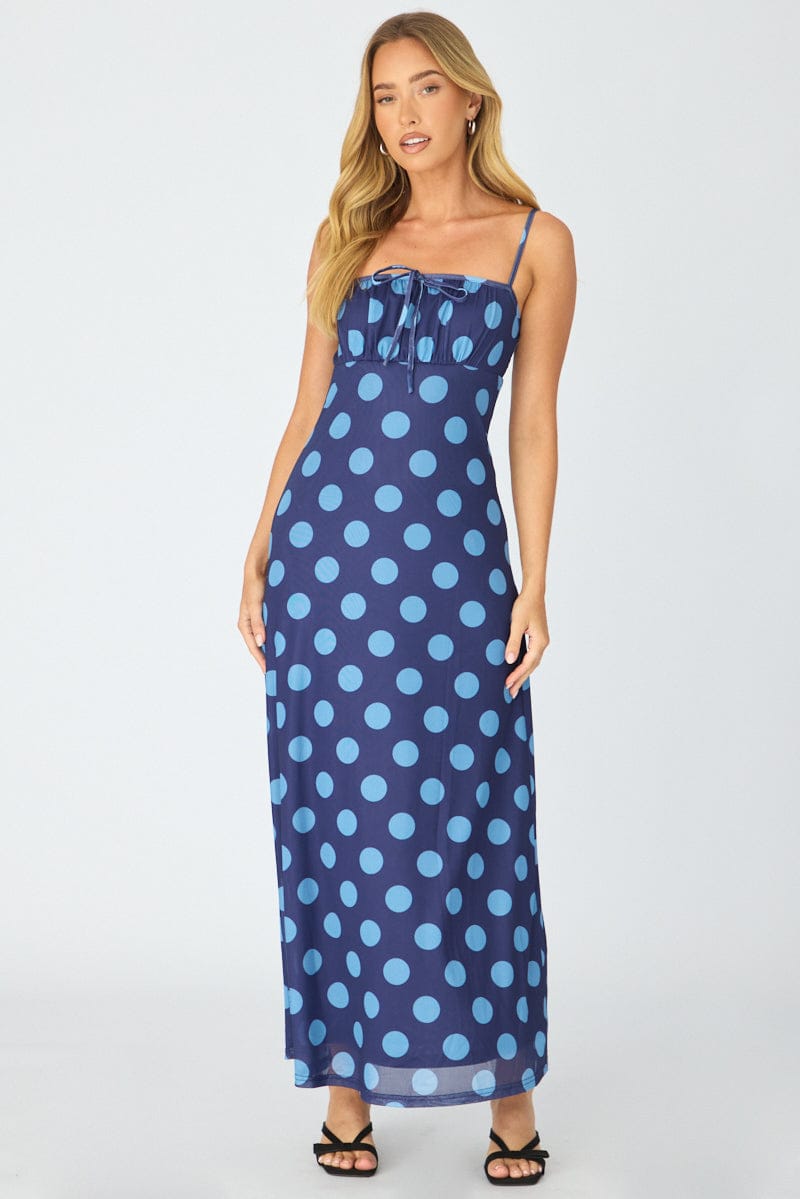 Blue Polka Dot Midi Dress Strappy