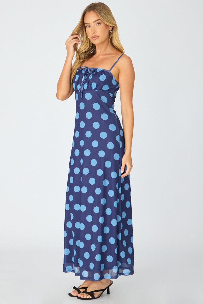 Blue Polka Dot Midi Dress Strappy for Ally Fashion