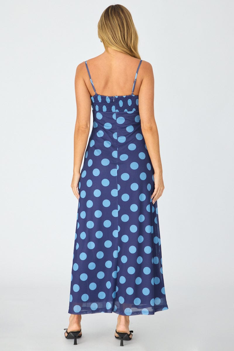 Blue Polka Dot Midi Dress Strappy | Ally Fashion Blue Polka Dot Midi Dress Strappy | Ally Fashion