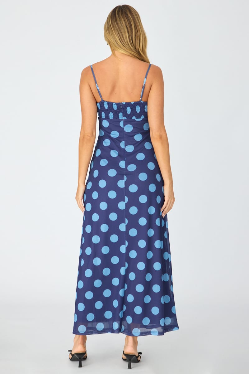 Blue Polka Dot Midi Dress Strappy for Ally Fashion