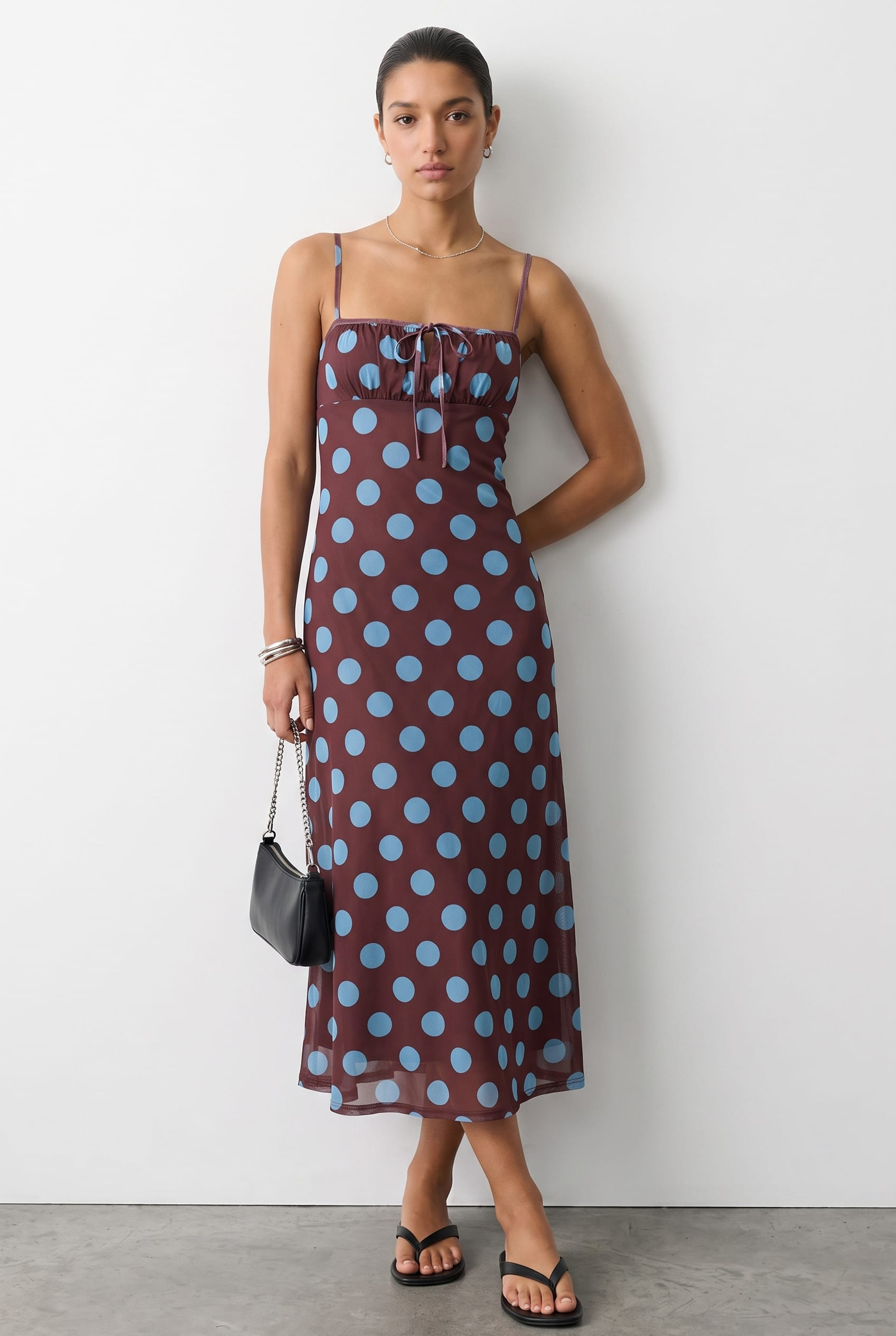 Brown Polka Dot Midi Dress Strappy for Ally Fashion