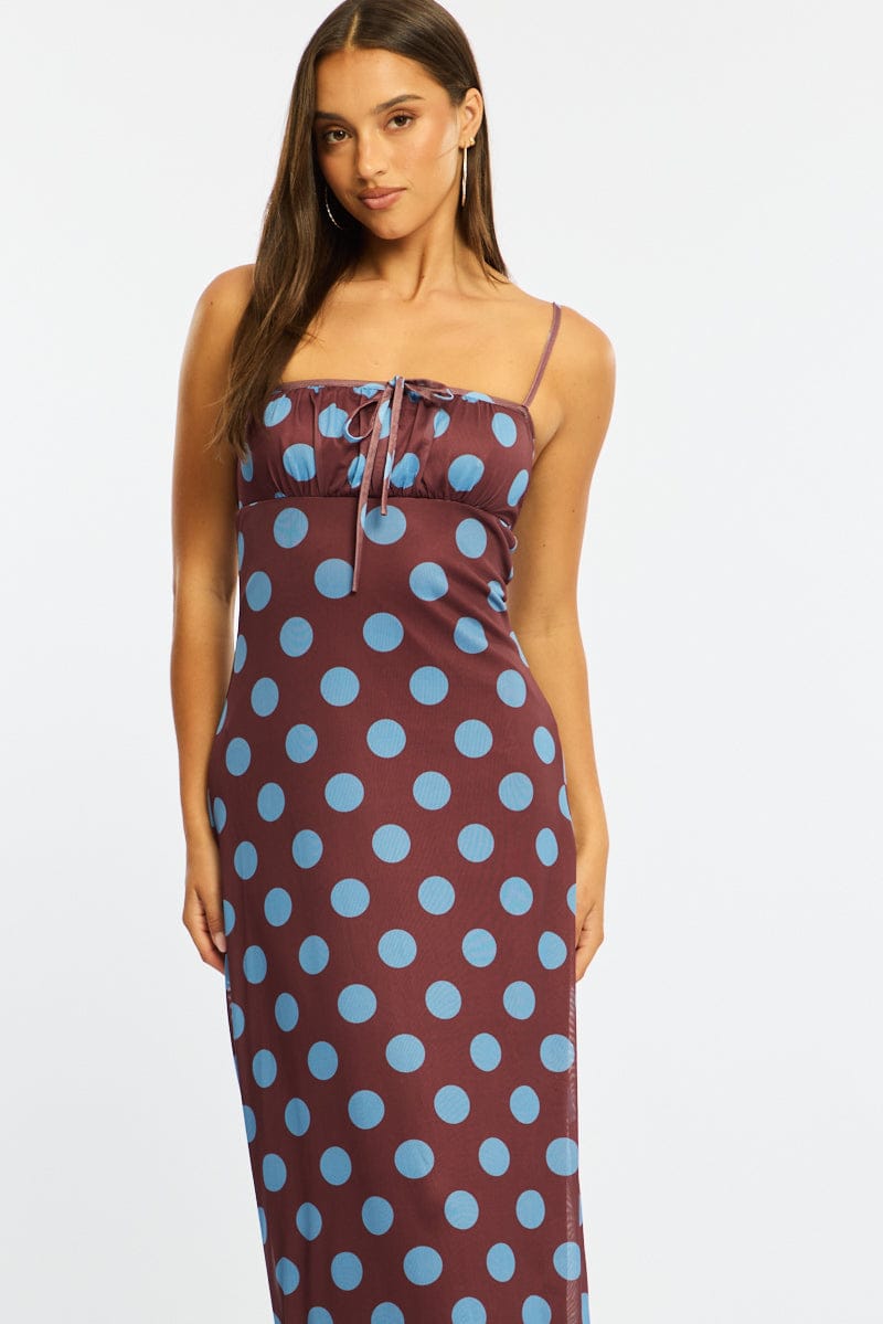 Brown Polka Dot Midi Dress Strappy for Ally Fashion