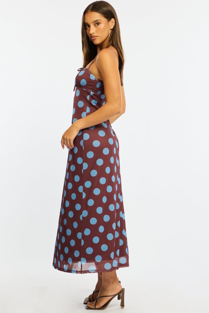 Brown Polka Dot Midi Dress Strappy for Ally Fashion