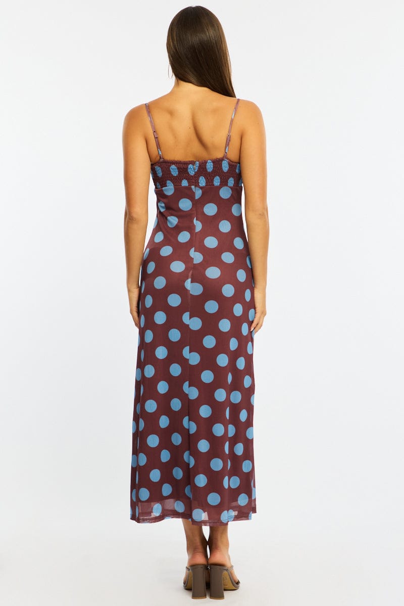 Brown Polka Dot Midi Dress Strappy for Ally Fashion