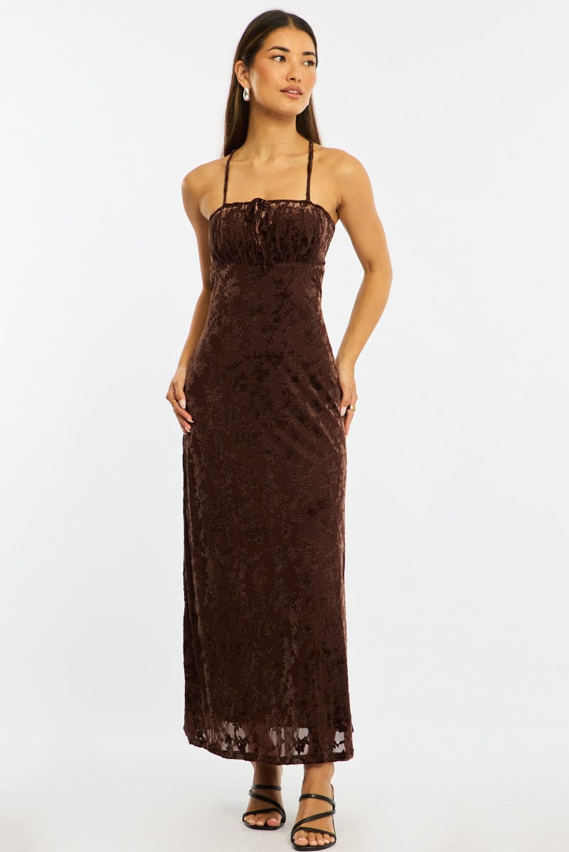 Brown Midi Dress Strappy for Ally Fashion