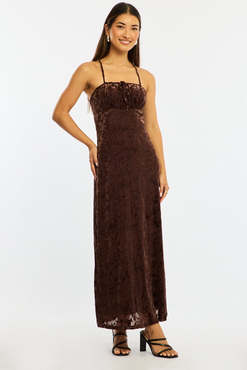 Brown Midi Dress Strappy for Ally Fashion