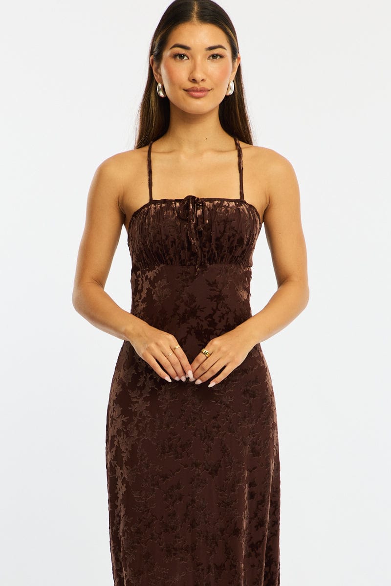 Brown Midi Dress Strappy for Ally Fashion