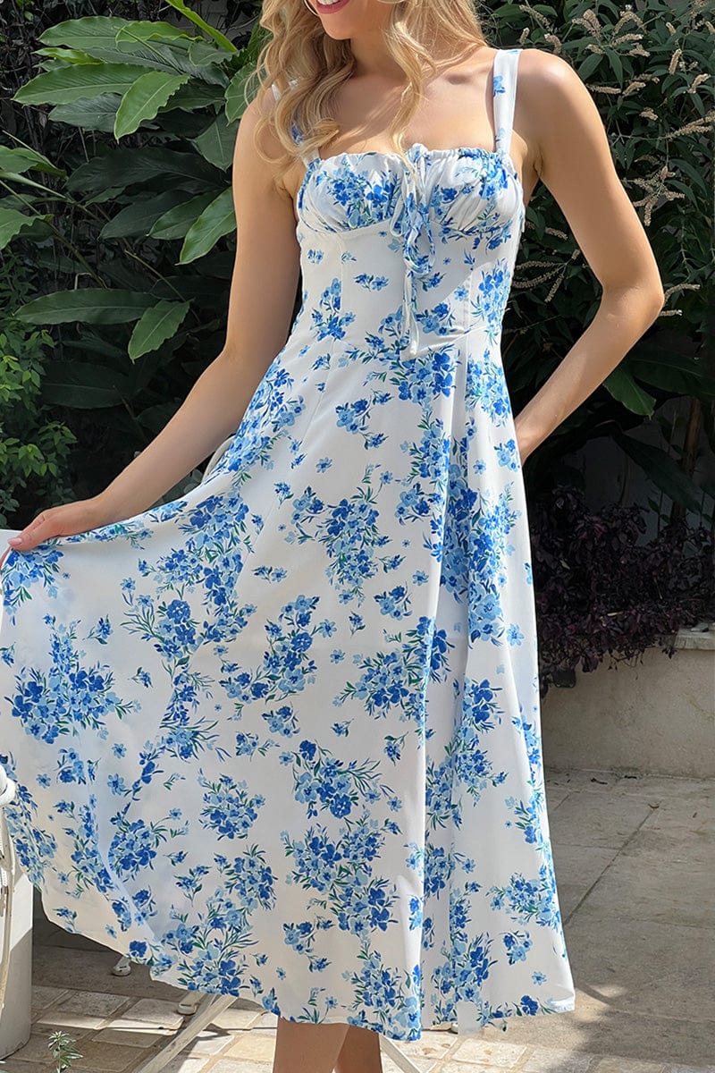 Blue Floral Midi Dress Gathered Bust for Ally Fashion