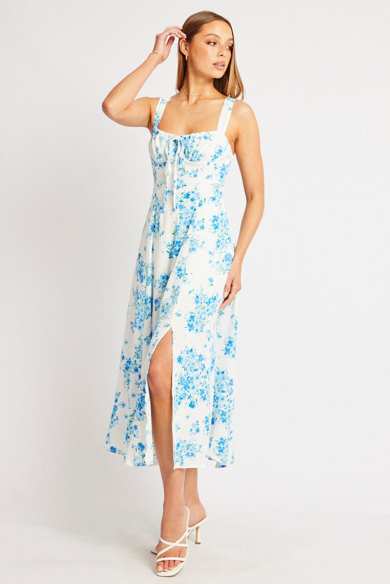 Blue Floral Midi Dress Gathered Bust for Ally Fashion