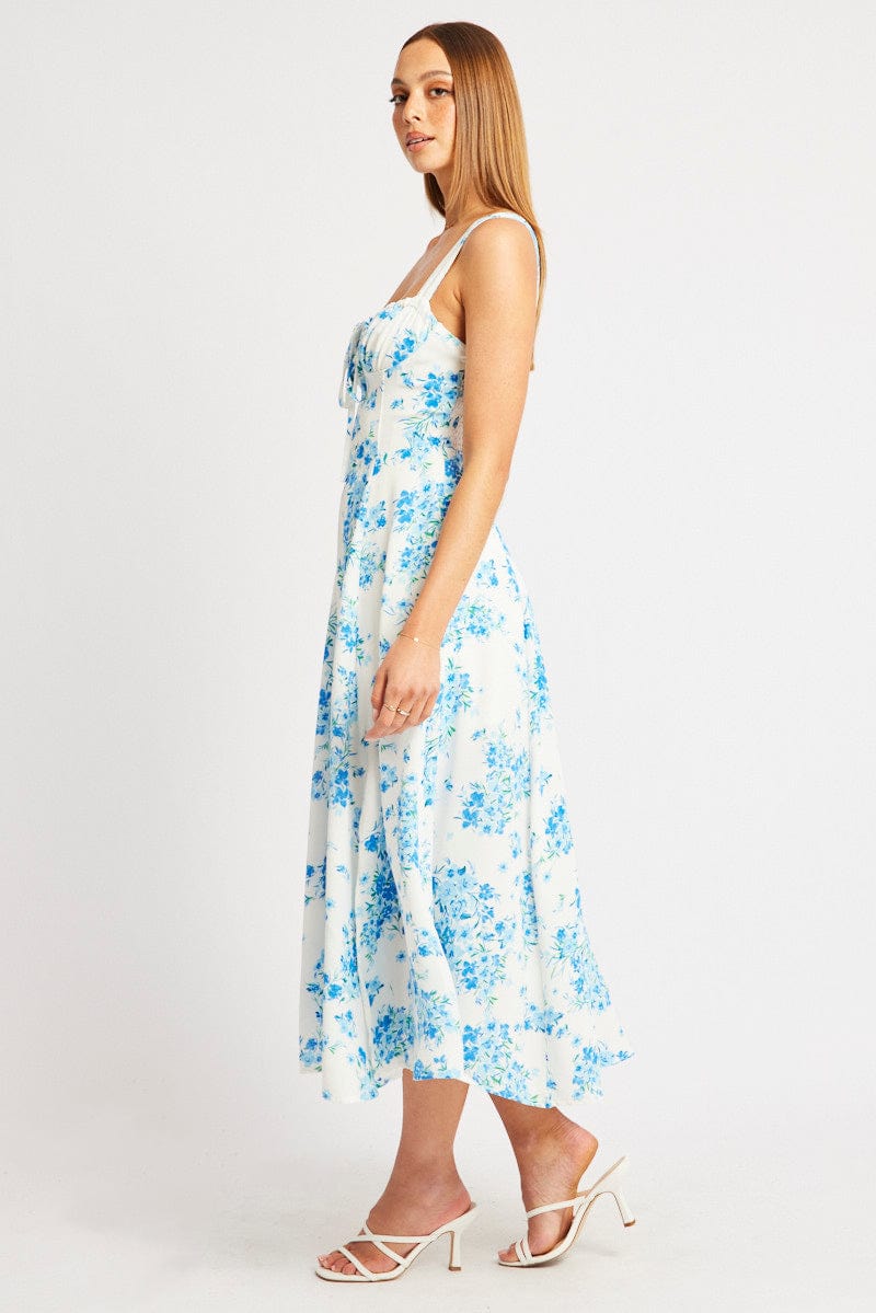 Blue Floral Midi Dress Gathered Bust for Ally Fashion