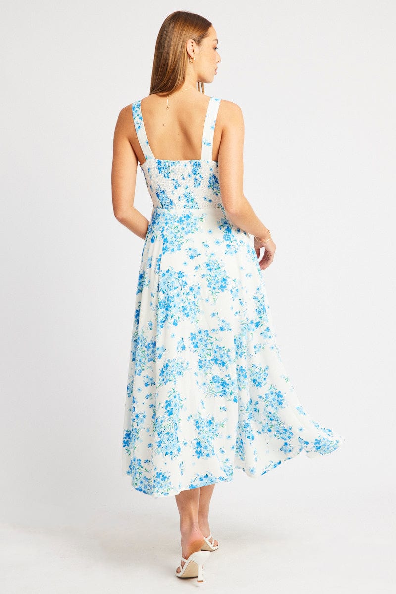 Blue Floral Midi Dress Gathered Bust for Ally Fashion