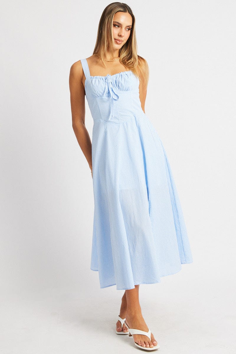 Blue Check Midi Dress Gathered Bust for Ally Fashion