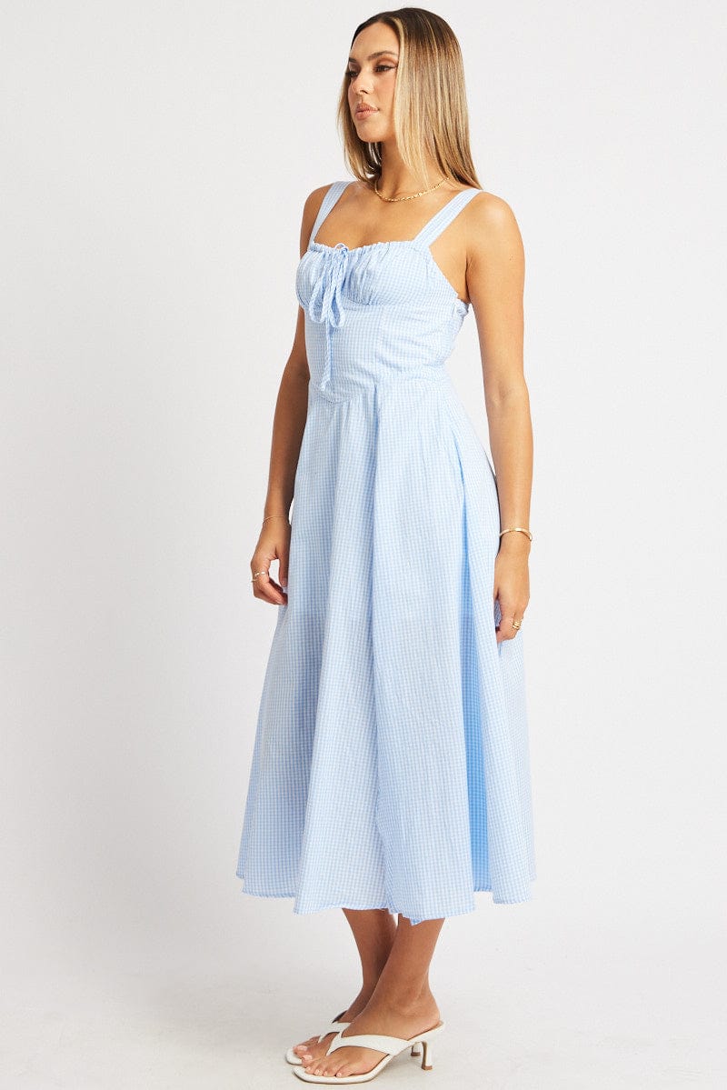 Blue Check Midi Dress Gathered Bust for Ally Fashion