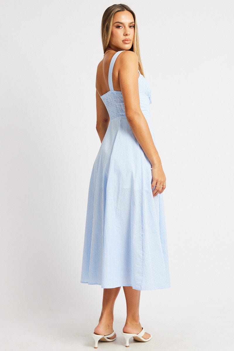 Blue Check Midi Dress Gathered Bust for Ally Fashion