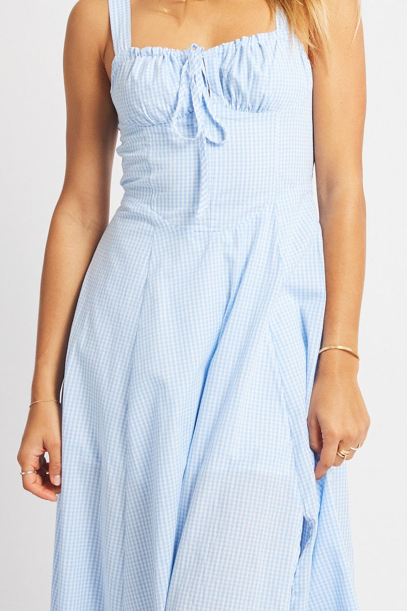 Blue Check Midi Dress Gathered Bust for Ally Fashion