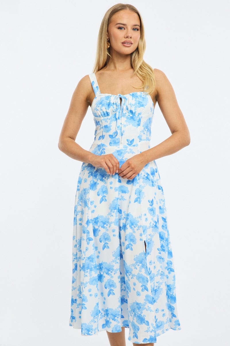 Blue Floral Midi Dress Ruched Bust for Ally Fashion