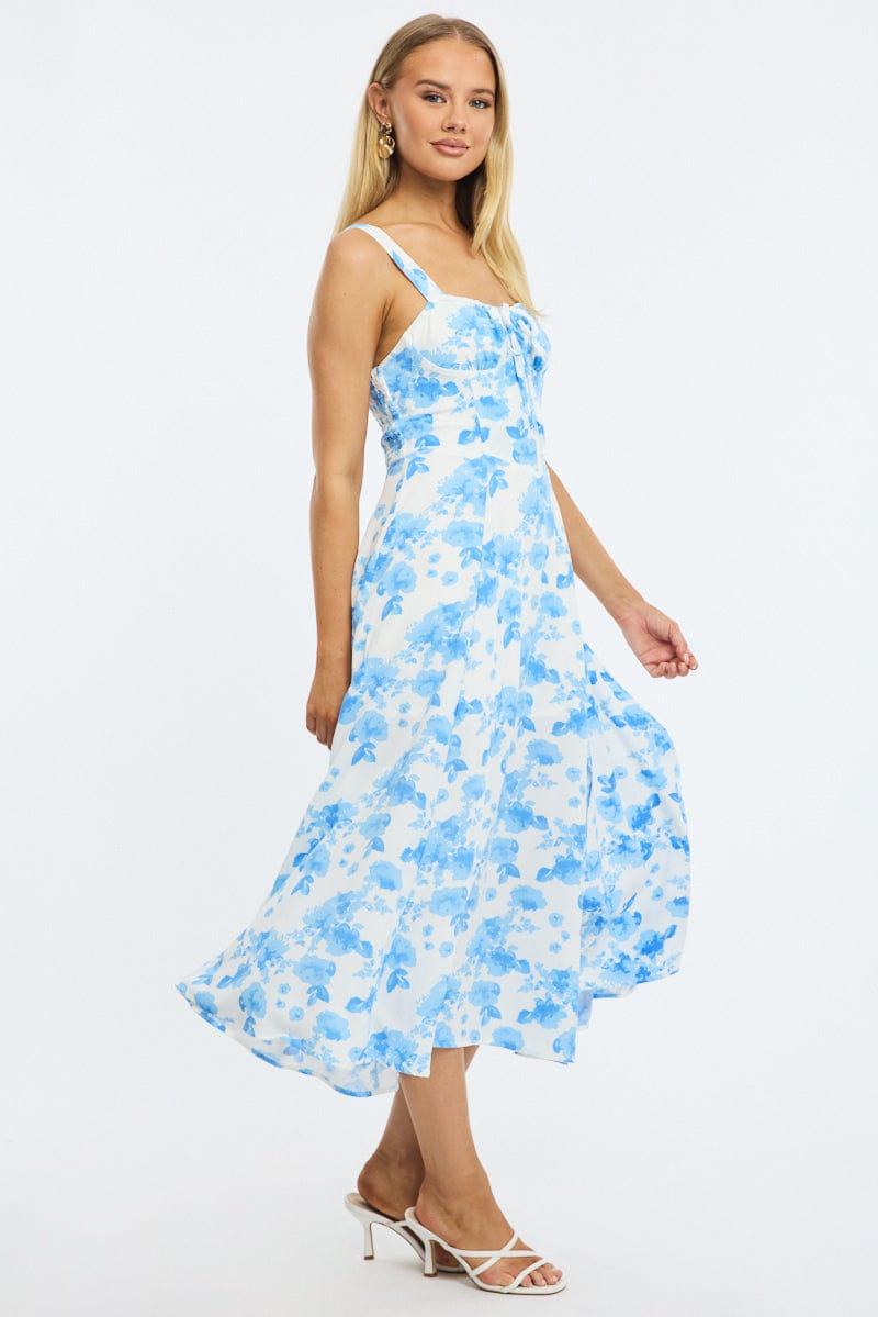 Blue Floral Midi Dress Ruched Bust for Ally Fashion