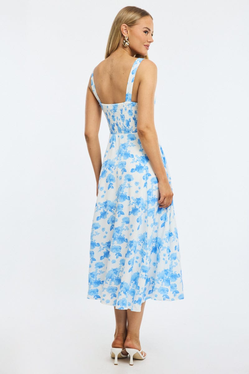 Blue Floral Midi Dress Ruched Bust for Ally Fashion