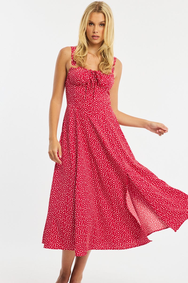 Red Ditsy Midi Dress Ruched Bust for Ally Fashion