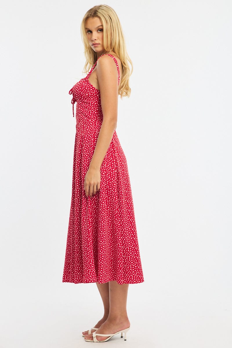 Red Ditsy Midi Dress Ruched Bust for Ally Fashion