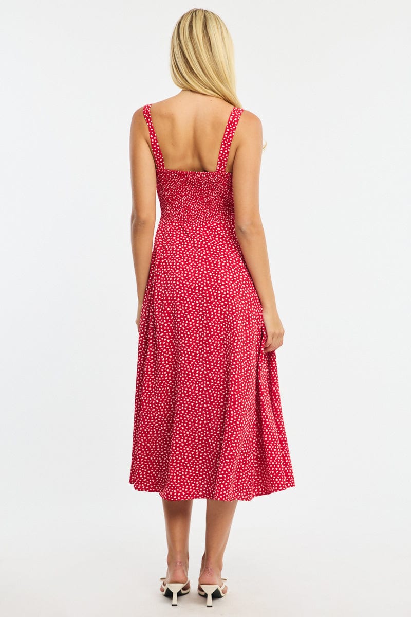Red Ditsy Midi Dress Ruched Bust for Ally Fashion
