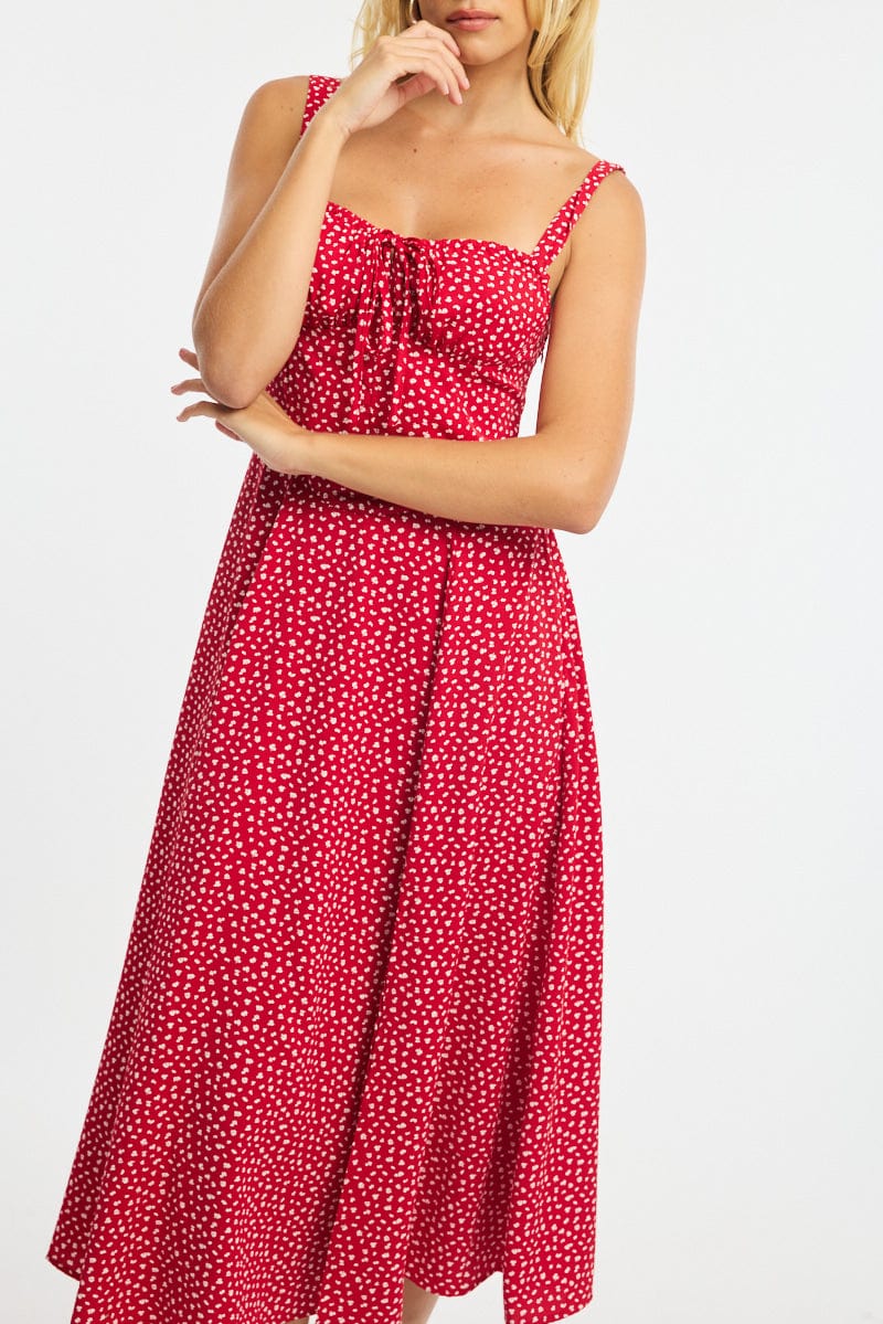 Red Ditsy Midi Dress Ruched Bust for Ally Fashion