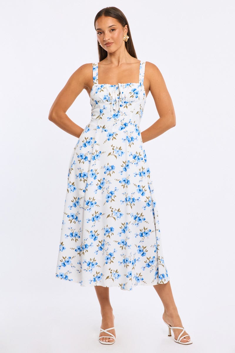 Blue Floral Midi Dress Ruched Bust for Ally Fashion