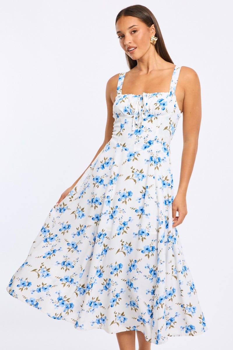 Blue Floral Midi Dress Ruched Bust for Ally Fashion