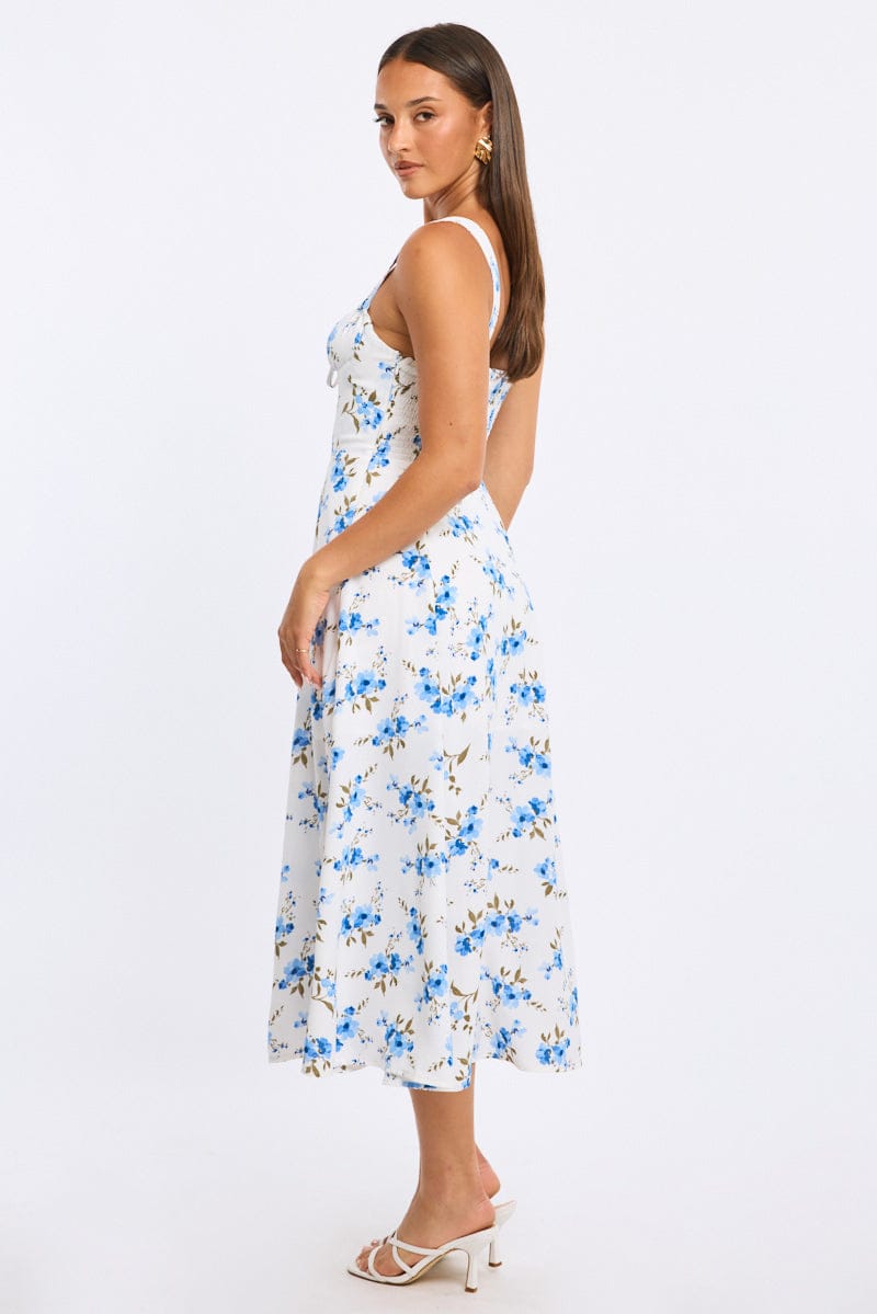 Blue Floral Midi Dress Ruched Bust for Ally Fashion